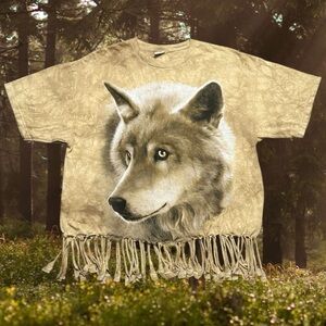 Vintage Wolf T-Shirt Tee Shirt Western Boho Upcycled Fringe Oversized Boxy XL